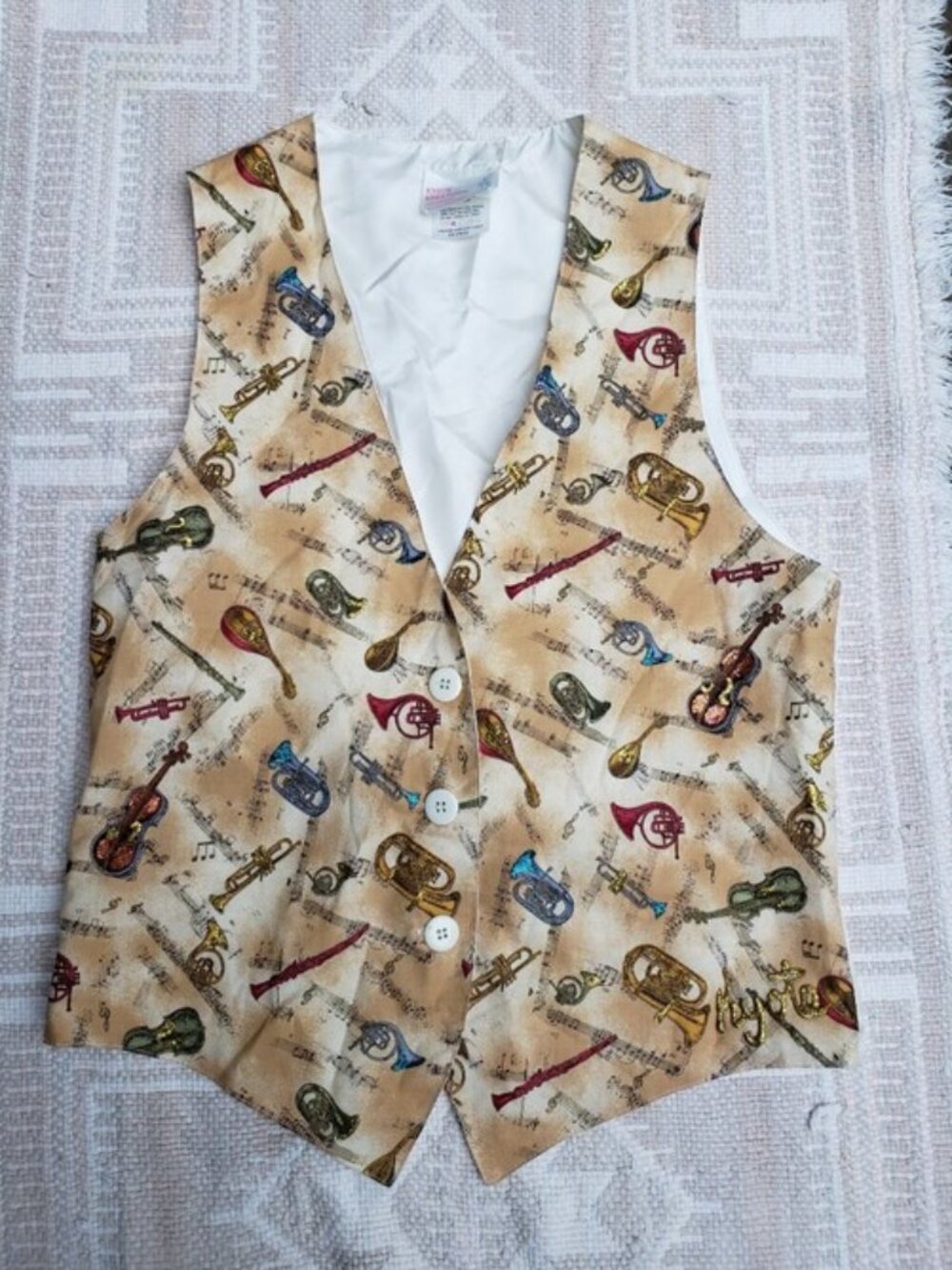 Vintage Men's Cream Musical Instrument Hand Painted Vest